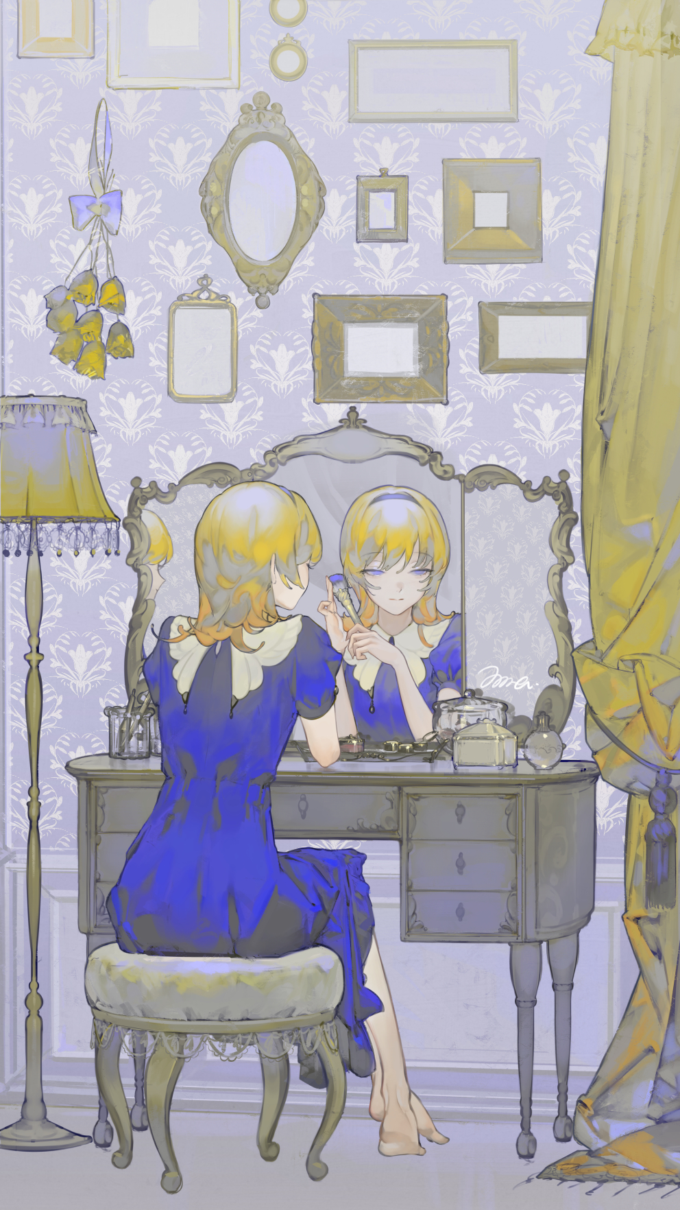 1girl barefoot blonde_hair blue_dress blue_hairband commentary_request curtains dress flower from_behind hairband highres holding holding_brush indoors lamp limited_palette makeup_brush mallllma medium_hair mirror original reflection short_sleeves signature sitting solo stool yellow_flower
