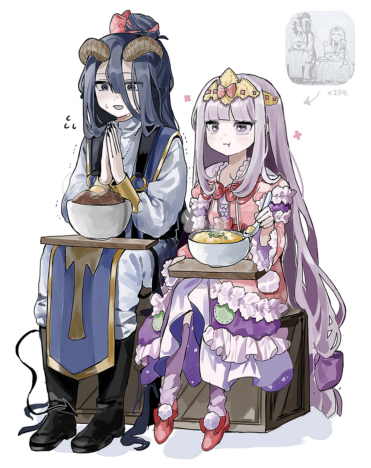 1boy 1girl alternate_hairstyle aurora_sya_lis_kaymin blue_eyes blue_hair blush boots commentary_request demon_cleric demon_horns demon_tail eating full_body highres horns jewelry korean_commentary long_hair maou-jou_de_oyasumi necklace own_hands_together pink_eyes pink_hair red_footwear sesam344 sitting sweatdrop tail