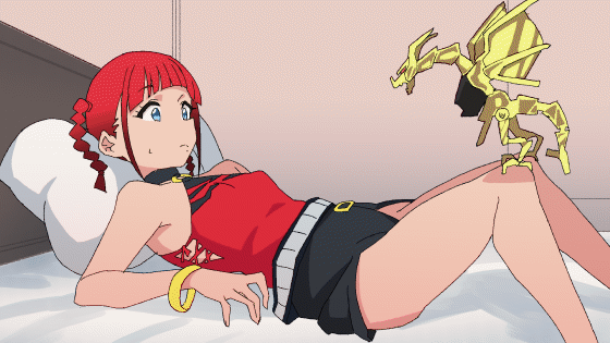 1girl 1other :o alternate_breast_size animated animated_gif armpits asukagawa_chise bangle bare_legs bare_shoulders bedroom belt black_neckwear black_skirt blue_eyes blunt_bangs bouncing_breasts bracelet braid breast_expansion breasts breasts_apart bursting_breasts choker dragon gigantic_breasts goldburn gridman_universe indoors jewelry laser laser_sight lying medium_hair miniskirt mole mole_under_mouth momo_no_suidou-sui nipples no_bra no_panties o-ring o-ring_top on_back on_bed pillow red_hair red_shirt shirt sidelocks skirt sleeveless sleeveless_shirt small_breasts ssss.dynazenon surprised sweatdrop torn_clothes twin_braids twintails ugoira wardrobe_malfunction what