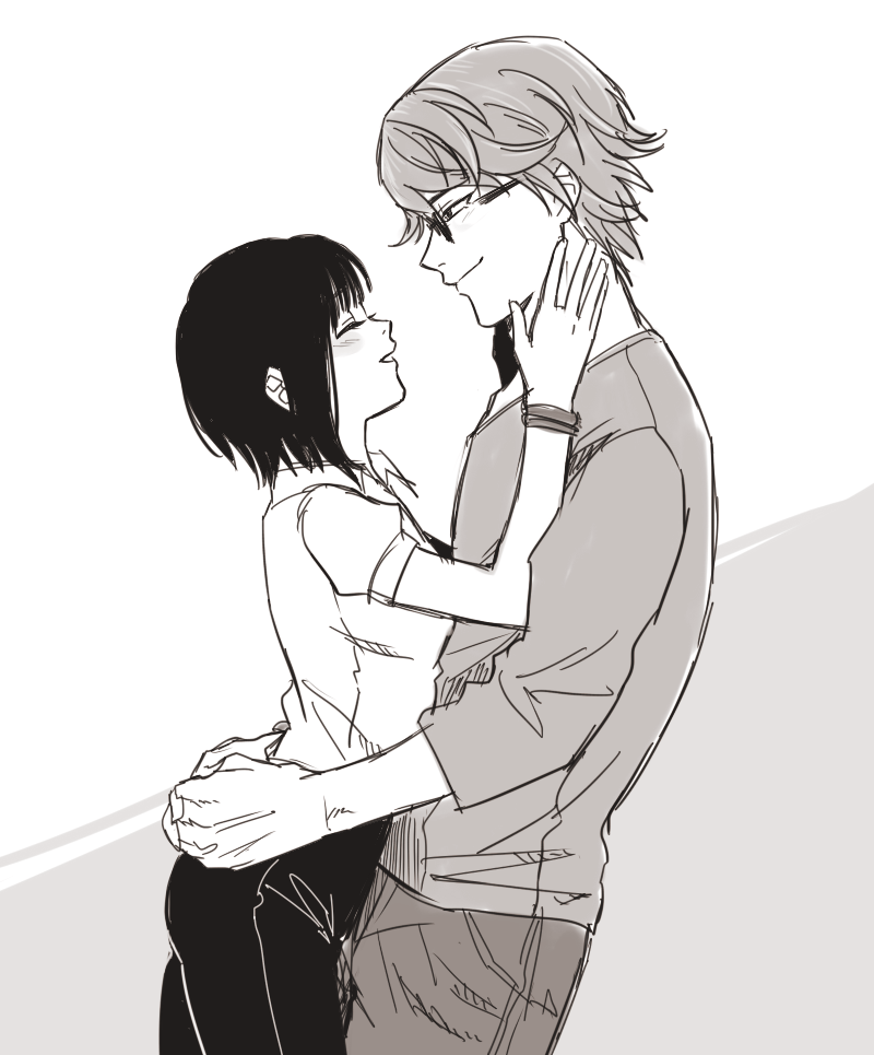 10s 1boy 1girl black_hair choco_(nnsk3) couple glasses hand_on_another&#039;s_cheek hand_on_another&#039;s_face hetero nishino_kimi nishio_nishiki short_hair tokyo_ghoul