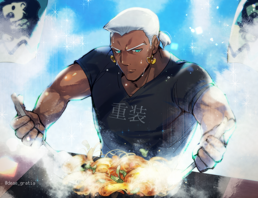 1boy aqua_eyes bara biceps big_nose black_shirt blue_sky chromatic_aberration closed_mouth cloud cooking covered_pectorals dark-skinned_male dark_skin day dedue_molinaro earrings fire_emblem fire_emblem:_three_houses flag frown furrowed_brow gold_earrings griddle holding holding_spatula jewelry light_particles male_focus muscular muscular_male nintendo outdoors pectorals ponytail shirt short_hair short_ponytail short_sleeves sky sparkle spatula steam sweat t-shirt table twitter_username upper_body white_hair yakisoba yomusugara_(uzo-muzo)