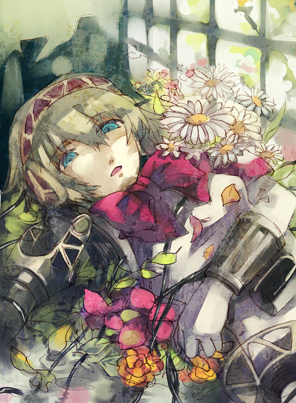 aigis_(persona) android atlus bac bad_id bad_pixiv_id blonde_hair blue_eyes bow flower lying open_mouth persona persona_3 ribbon short_hair solo