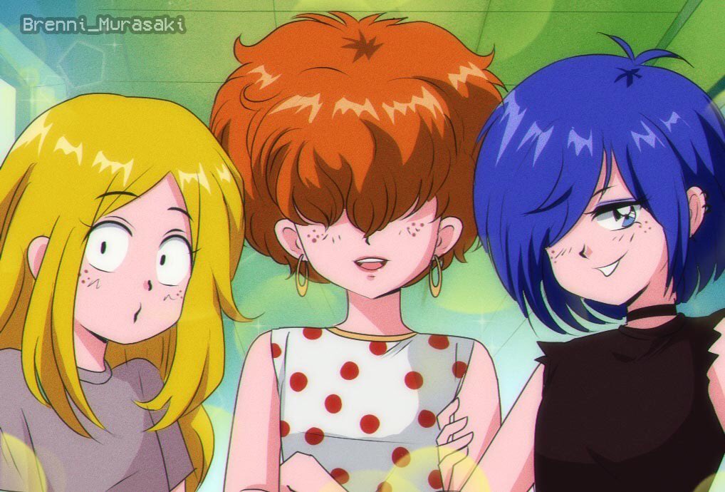 1990s_(style) 3girls animification artist_name big_hair black_choker black_shirt blonde_hair blue_eyes blue_eyeshadow blue_hair brenni_murasaki cartoon_network choker earrings ed_edd_n_eddy eyeshadow facing_viewer freckles grey_shirt hair_over_eyes hair_over_one_eye hoop_earrings jewelry kanker_sisters lee_kanker long_hair looking_at_viewer makeup marie_kanker may_kanker multiple_girls open_mouth orange_hair polka_dot polka_dot_shirt retro_artstyle shirt short_sleeves siblings sisters sleeveless sleeveless_shirt smile smirk white_shirt wide-eyed