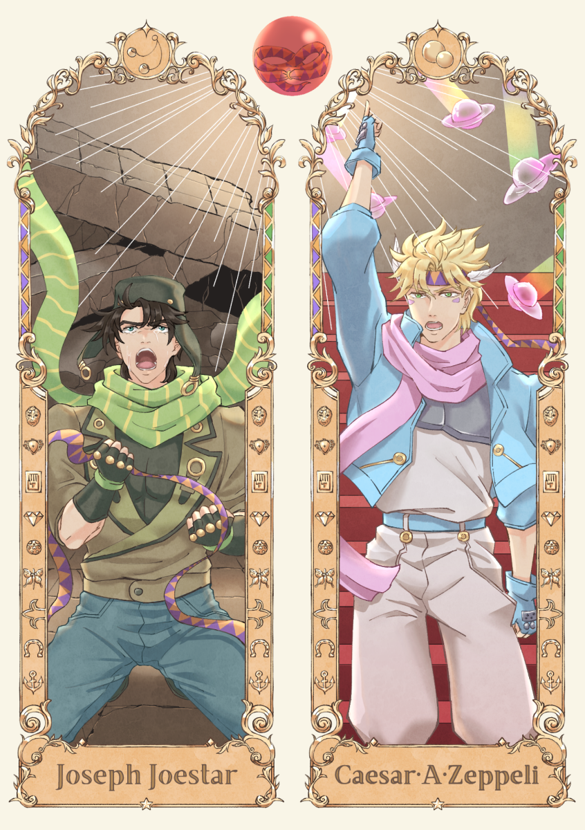 2boys armor battle_tendency blonde_hair blue_eyes blue_jacket bola_(weapon) bomber_hat breastplate brown_hair brown_jacket bubble caesar_anthonio_zeppeli character_name chest_protector crying denim facial_mark fingerless_gloves fuyuo_(k807120) gloves green_eyes headband highres jacket jeans jewelry jojo_no_kimyou_na_bouken joseph_joestar joseph_joestar_(young) male_focus multiple_boys pants pink_scarf ribbon ring ruins scarf shouting striped_clothes striped_scarf tears triangle_print