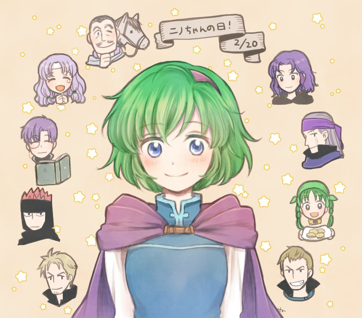 3girls 6+boys bandana black_hair blonde_hair blue_eyes book brothers brown_hair canas_(fire_emblem) cape closed_eyes closed_mouth erk_(fire_emblem) facial_hair fire_emblem fire_emblem:_the_blazing_blade florina_(fire_emblem) green_hair grin hairband headband hira_(otemoto84) horse jaffar_(fire_emblem) legault_(fire_emblem) linus_(fire_emblem) lloyd_(fire_emblem) long_hair merlinus_(fire_emblem) monocle multiple_boys multiple_girls mustache nino_(fire_emblem) nintendo one_eye_closed open_book open_mouth purple_hair rebecca_(fire_emblem) short_hair siblings smile star_(symbol) upper_body
