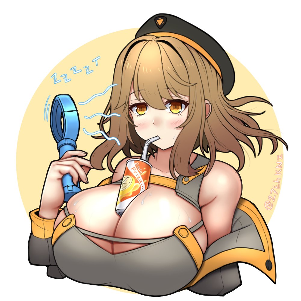 1girl anis_(nikke) bare_arms bare_shoulders between_breasts black_shorts bladeless_fan breasts brown_eyes brown_hair can cleavage couch drink drink_can drinking_straw fingernails goddess_of_victory:_nikke hair_between_eyes hand_fan holding holding_fan huge_breasts jacket kuronekozero looking_at_viewer on_couch open_clothes open_jacket shirt short_hair shorts sidelocks sitting sleeveless sleeveless_shirt soda_can solo