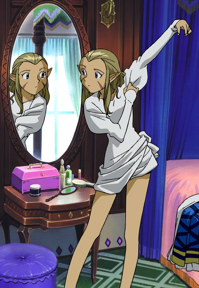 1990s_(style) arm_up bare_legs bed blonde_hair blue_eyes dressing facial_hair indoors jessica_de_alkirk juliet_sleeves long_hair long_sleeves looking_at_mirror lunar lunar:_the_silver_star markings mirror no_bangs official_art pointy_ears puffy_sleeves reflection retro_artstyle solo standing