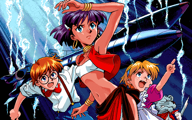 1990s_(style) 1boy 2girls apron arm_up armpits artist_request blue_eyes bracelet brown_hair bubble dark-skinned_female dark_skin dithering dress earrings fushigi_no_umi_no_nadia hair_ornament hairclip jean_roque_lartigue jean_roque_raltique jewelry loincloth marie_en_carlsberg midriff multiple_girls nadia_la_arwall nautilus neck_ring non-web_source official_art pc-98_(style) pelvic_curtain pixel_art purple_hair retro_artstyle short_hair strapless submarine tube_top underwater vest watercraft