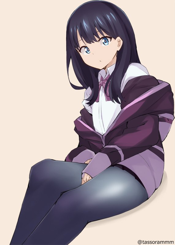 1girl black_hair black_skirt blue_eyes bow brown_background closed_mouth collared_shirt commentary_request cosplay dress_shirt female_focus grey_pantyhose gridman_universe hood hood_down hooded_jacket jacket knee_up long_hair long_sleeves looking_at_viewer miniskirt off_shoulder pantyhose pleated_skirt purple_bow purple_jacket shinjou_akane shinjou_akane_(cosplay) shirt simple_background sitting skirt sleeves_past_wrists solo ssss.gridman takarada_rikka tasora twitter_username white_shirt