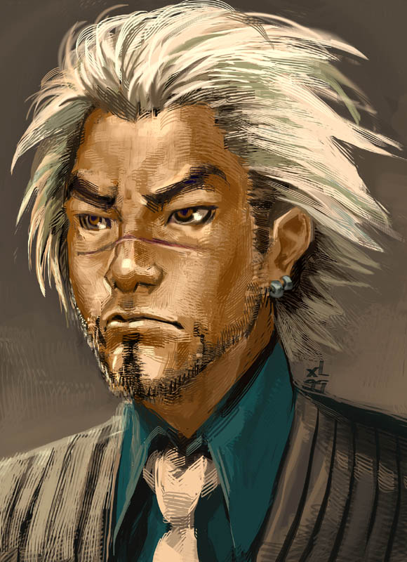 1boy beard brown_eyes capcom earrings facial_hair goatee godot_(ace_attorney) ace_attorney phoenix_wright:_ace_attorney_-_trials_and_tribulations jewelry diego_armando male_focus mask unworn_mask necktie no_mask realistic scar solo spoilers white_hair