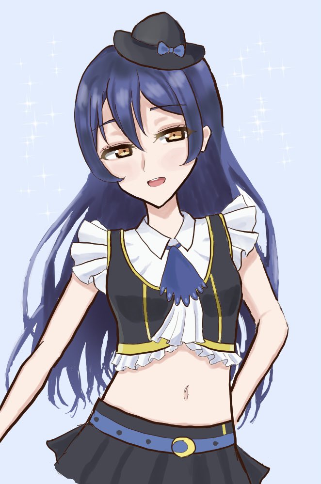 1girl aqua_background artist_name artist_request bare_shoulders belt belt_buckle belt_skirt black_hat black_skirt black_vest blue_belt blue_bow blue_hair blue_necktie blue_ribbon blush bow breasts buckle center_frills collared_dress crescent crescent_earrings crescent_moon_symbol dress earrings female_focus frilled_dress frilled_shirt_collar frilled_skirt frills gloves hair_between_eyes half-closed_eyes hat hat_bow jewelry layered_skirt long_hair looking_at_viewer love_live! love_live!_school_idol_festival love_live!_school_idol_project midriff miniskirt moon_earrings navel neckerchief necktie no_brand_girls parted_lips plaid_clothes plaid_dress plaid_skirt pleated pleated_dress pleated_skirt ribbon skirt sleeveless sleeveless_dress small_breasts smile solo sonoda_umi sparkle two-tone_skirt vest white_dress white_gloves white_neckerchief white_skirt yellow_eyes