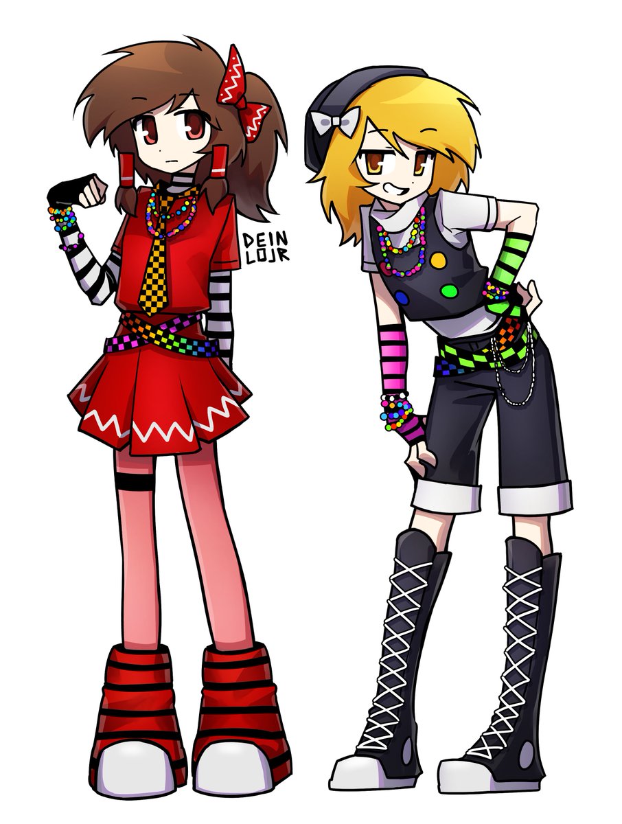 2girls :| adapted_costume alternate_costume alternate_hairstyle artist_name asymmetrical_gloves beanie black_footwear black_gloves black_hat black_shirt black_shorts black_vest blonde_hair boots bow brown_eyes brown_hair buttons closed_mouth commentary deinlojr double-breasted english_commentary expressionless fingerless_gloves gloves green_gloves grin hair_bow hair_tubes hakurei_reimu hand_on_own_hip hand_up hat hat_bow highres kirisame_marisa lace-up_boots layered_shirt leaning_forward looking_at_viewer mismatched_gloves multiple_girls panties pink_gloves pink_panties pleated_skirt red_bow red_shirt red_skirt scene_fashion shirt short_sleeves shorts sidelocks simple_background skirt smile striped_clothes striped_shirt thigh_strap touhou underwear vest white_background white_bow white_shirt yellow_eyes