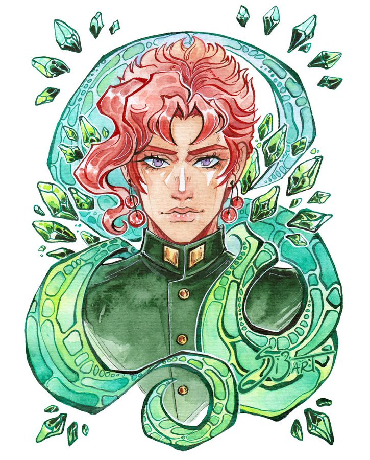 1boy cherry_earrings commentary cropped_torso crystal earrings food-themed_earrings food_themed_earrings gem green_gakuran green_gemstone hierophant_green jewelry jojo_no_kimyou_na_bouken kakyoin_noriaki male_focus painting_(medium) portrait purple_eyes red_hair school_uniform si3art solo stand_(jojo) stardust_crusaders traditional_media watercolor_(medium)