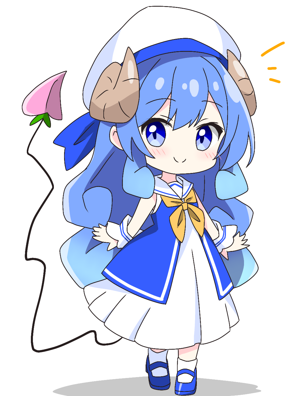 1girl alternate_color blue_eyes blue_hair blue_shoes blush brown_horns closed_mouth curled_horns demon_girl demon_tail dress full_body hat highres horns kotatsu-mazoku lilith_(machikado_mazoku) lilith_(machikado_mazoku)_(homunculus) long_hair looking_at_viewer machikado_mazoku mary_janes neckerchief sailor_collar sailor_dress sailor_hat shoes sidelocks simple_background sleeveless sleeveless_dress smile socks solo standing tail white_background white_dress white_hat white_sailor_collar white_socks yellow_neckerchief