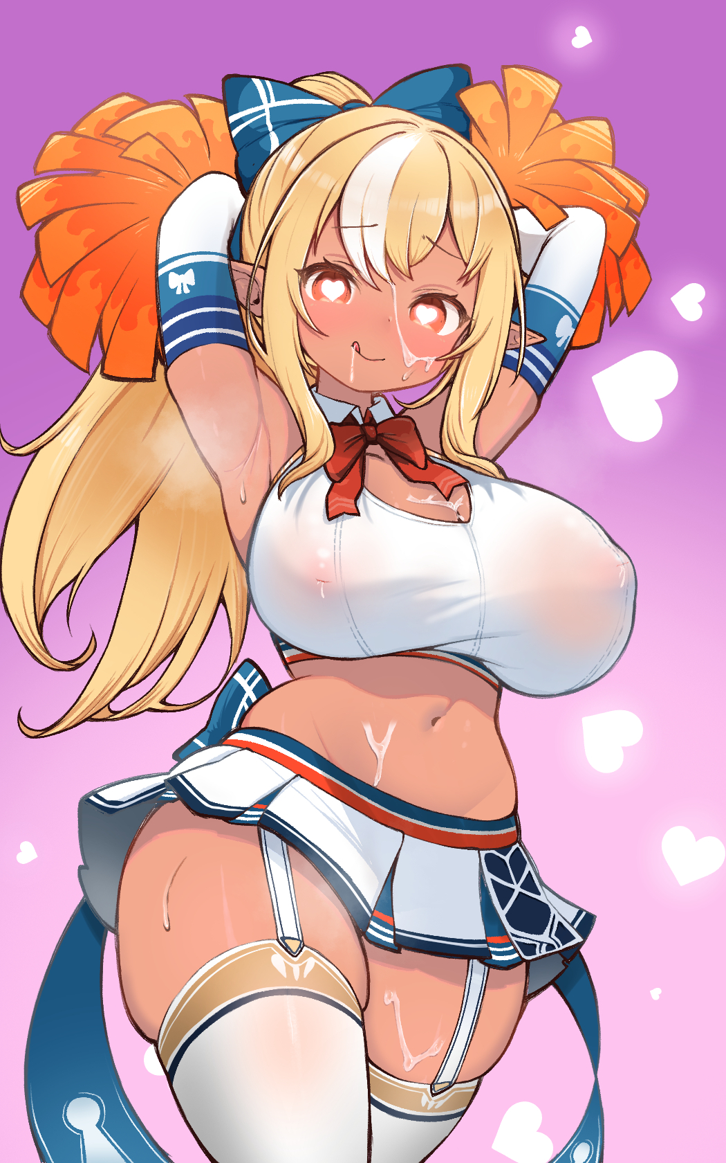 1girl adapted_costume armpits arms_up blonde_hair blush bow breasts cheerleader cleavage cum cum_on_body curvy dark-skinned_female dark_skin elf facial female_focus hair_bow heart heart-shaped_pupils highres holding holding_pom_poms hololive inverted_nipples kani_bonara large_breasts long_hair looking_at_viewer midriff multicolored_hair naughty_face navel pointy_ears pom_pom_(cheerleading) pom_poms ponytail red_eyes see-through_clothes shiranui_flare shiranui_flare_(1st_costume) sidelocks skindentation smile solo steaming_body streaked_hair sweat symbol-shaped_pupils thick_thighs thighhighs thighs tongue tongue_out virtual_youtuber white_hair