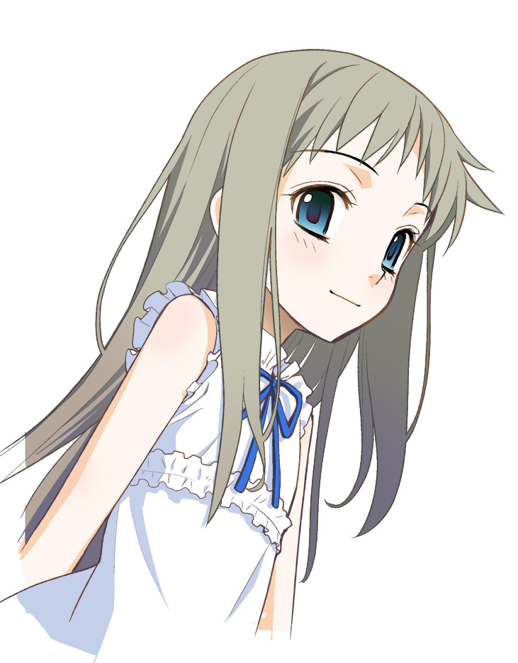 1girl ano_hi_mita_hana_no_namae_wo_bokutachi_wa_mada_shiranai. blue_eyes blush commentary_request dress flat_chest grey_hair honma_meiko light_smile long_hair looking_at_viewer simple_background solo upper_body white_background white_dress yaya_hinata