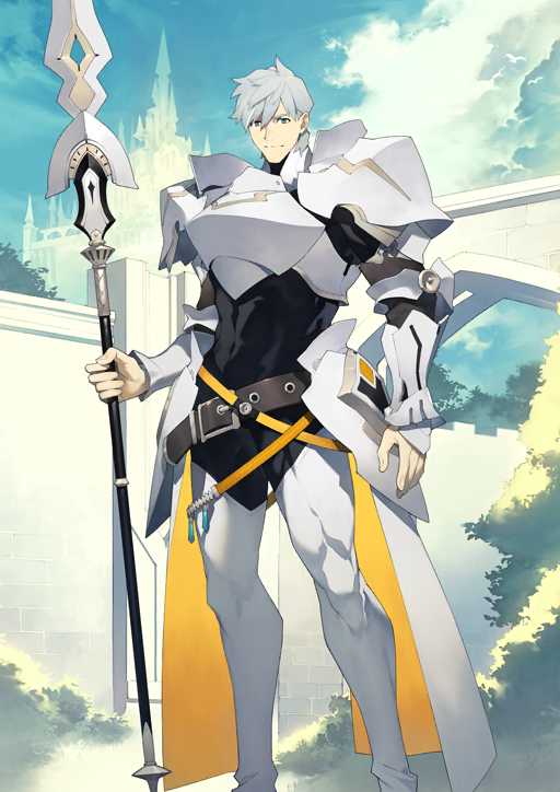 1boy abs arm_armor arm_at_side armor belt belt_buckle black_bodysuit blue_eyes bodysuit boots bracer breastplate brown_belt brown_sleeves buckle closed_mouth covered_abs fate/grand_order fate_(series) feet_out_of_frame game_cg gorget grey_hair hair_between_eyes hand_up high_collar holding holding_polearm holding_weapon legs_apart longinus_(weapon)_(fate) looking_at_viewer male_focus official_art pauldrons percival_(fate) polearm shiramine_(srmn09) short_hair shoulder_armor smile solo spear standing thigh_boots third-party_source toned toned_male variant_set waist_cape weapon white_boots