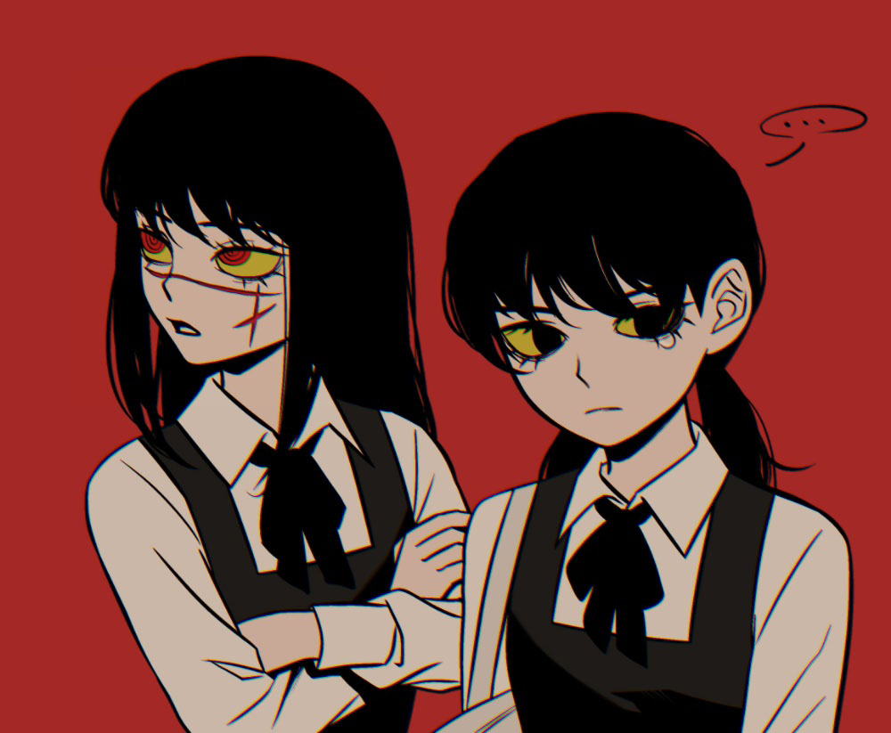... 2girls black_eyes black_hair chainsaw_man commentary cross_scar crossed_arms czy_(2894456992) facial_scar fourth_east_high_school_uniform frown low_twintails mitaka_asa multiple_girls open_mouth red_background red_eyes scar scar_on_cheek scar_on_face scar_on_nose school_uniform spoken_ellipsis tears twintails yoru_(chainsaw_man)