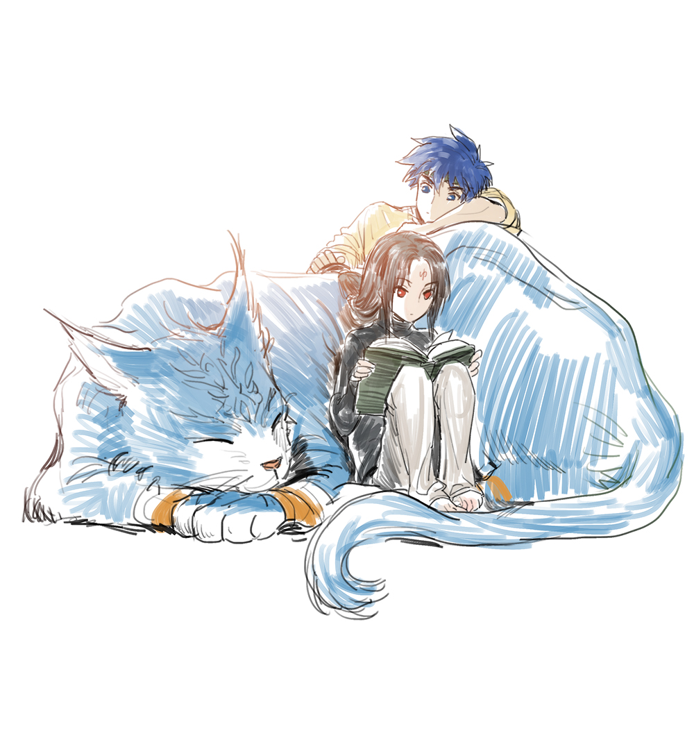 3boys barefoot black_hair blue_eyes blue_hair book commentary facial_mark fire_emblem fire_emblem:_path_of_radiance forehead_mark ike_(fire_emblem) laguz_(fire_emblem) long_hair male_focus multiple_boys nintendo novice_(o_novice) ranulf_(fire_emblem) reading red_eyes short_hair simple_background sitting sleeping soren_(fire_emblem) white_background