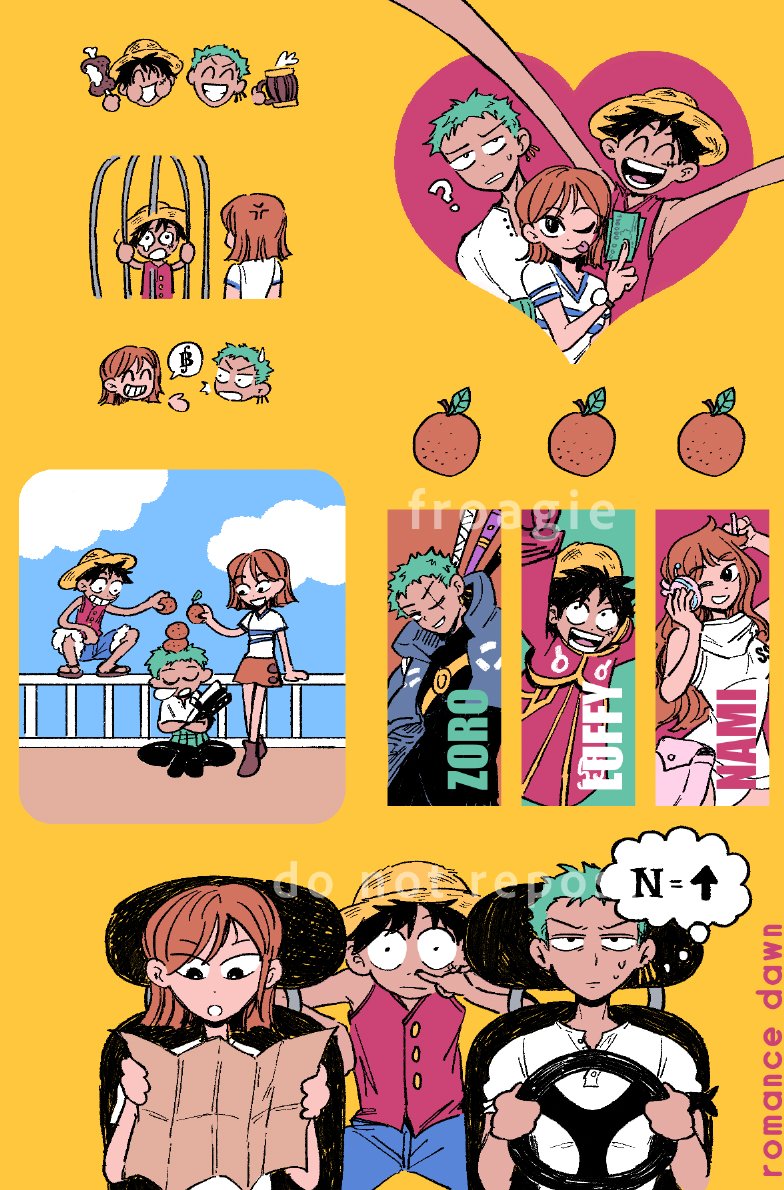 1girl 2boys ? anger_vein artist_name bare_shoulders beer_mug black_bodysuit black_hair black_pants blue_jacket blue_shorts blue_sky bodysuit boned_meat brown_footwear character_name chibi chibi_inset closed_eyes cloud cloudy_sky coat commentary cup driving facial_scar finger_to_own_nose food froagie fruit fur-trimmed_shorts fur_trim green_hair grin hat headphones heart holding holding_map holding_money jacket leotard log_pose long_hair looking_at_viewer mandarin_orange map meat miniskirt money monkey_d._luffy mug multiple_boys nami_(one_piece) nami_(one_piece)_(east_blue) nami_(one_piece)_(egghead) official_alternate_costume one_eye_closed one_piece open_mouth orange_hair outdoors pants parted_lips red_coat red_vest roronoa_zoro sandals scar scar_on_cheek scar_on_face shirt short_hair shorts sitting skirt sky smile steering_wheel straw_hat straw_hat_pirates striped_clothes striped_shirt sweatdrop symbol-only_commentary tongue tongue_out two-tone_shirt v-neck vest watermark wavy_hair white_leotard white_shirt yellow_background