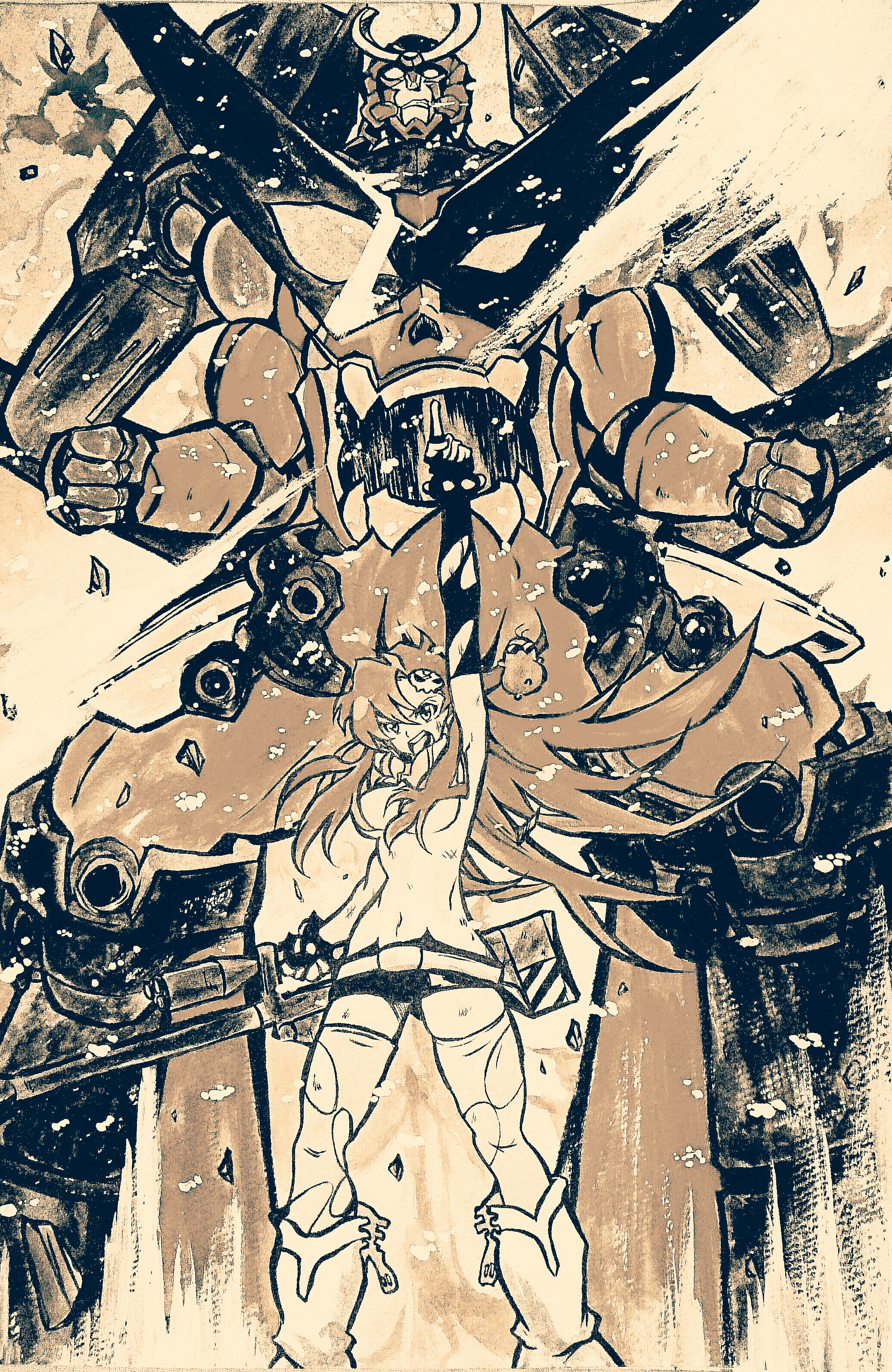 00s 1girl absurdres anti-materiel_rifle boota_(ttgl) gun gurren-lagann hair_down hair_ornament highres kamina_pose mecha monochrome naoto_(pixiv12325284) pointing pointing_up rifle robot scarf short_shorts shorts skull_hair_ornament sniper_rifle tengen_toppa_gurren_lagann tengen_toppa_gurren_lagann:_gurren-hen thighhighs topless_female torn_clothes torn_legwear weapon yoko_littner