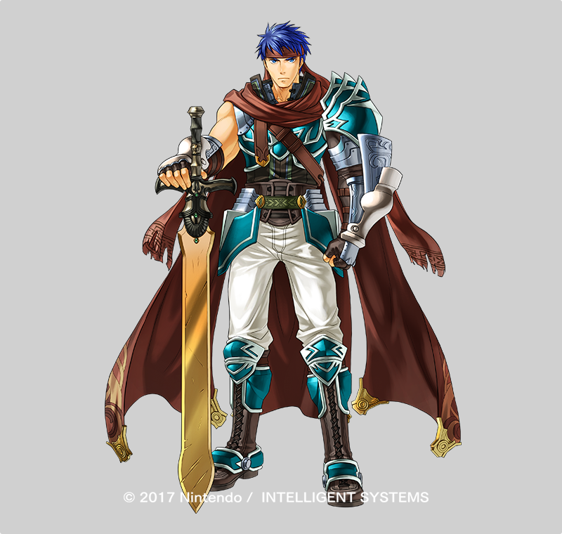 1boy armor blue_eyes cape fingerless_gloves fire_emblem fire_emblem:_path_of_radiance fire_emblem:_radiant_dawn full_body gloves headband ike_(fire_emblem) ike_(vanguard_legend)_(fire_emblem) kita_senri looking_at_viewer male_focus nintendo official_art pants simple_background solo standing sword weapon white_pants