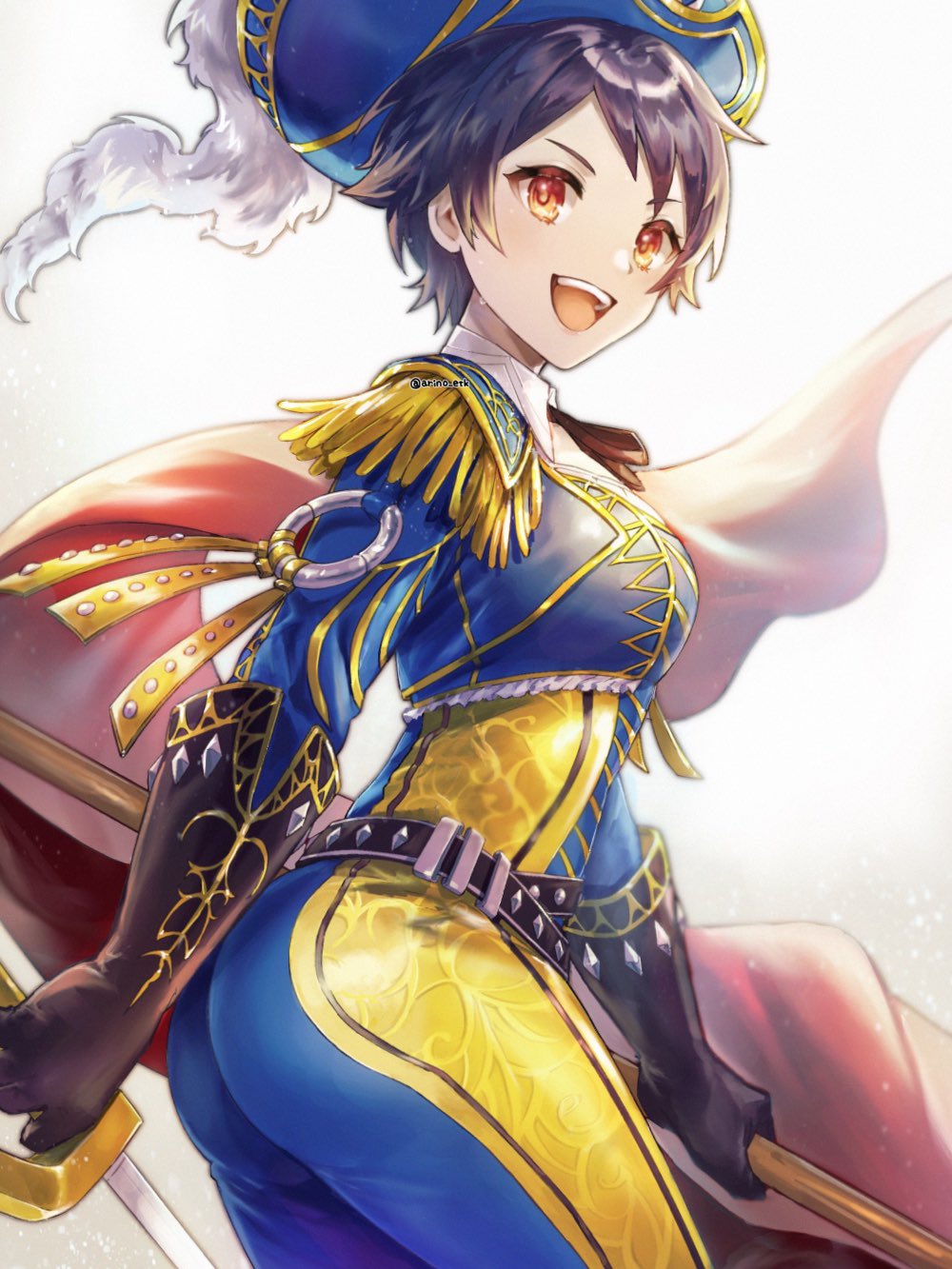 1girl :d arino_etk artist_name ass bad_id bad_twitter_id belt bicorne black_belt black_gloves black_hair black_ribbon blue_hat blue_pants breasts brown_background bullfighting commentary cowboy_shot detached_collar elbow_gloves epaulettes feathers floating frilled_jacket frills from_side gloves gradient_background hat hat_feather highres holding holding_sword holding_weapon jacket looking_at_viewer looking_to_the_side medium_breasts megido72 muleta multicolored_jacket neck_ribbon open_mouth orange_eyes pants ribbon short_hair smile solo standing sword teeth tight_clothes tight_pants tomboy twisted_torso twitter_username two-tone_jacket two-tone_pants upper_teeth_only v-shaped_eyebrows weapon white_background white_feathers yellow_jacket yellow_pants zagan_(megido72)