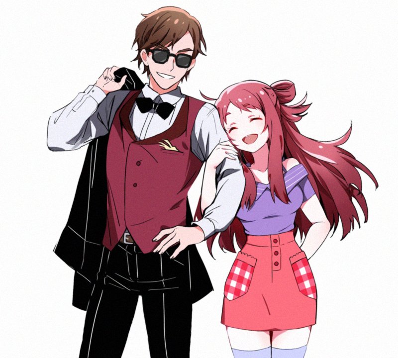 1boy 1girl black_bow black_bowtie black_jacket black_pants bow bowtie brown_hair buttons closed_eyes cowboy_shot da_huang jacket long_hair long_sleeves minamoto_sakura open_mouth pants purple_shirt red_hair red_skirt red_vest shirt shirt_tucked_in simple_background skirt smile sunglasses tatsumi_koutarou thighhighs unworn_jacket vest white_background white_shirt white_thighhighs zombie_land_saga
