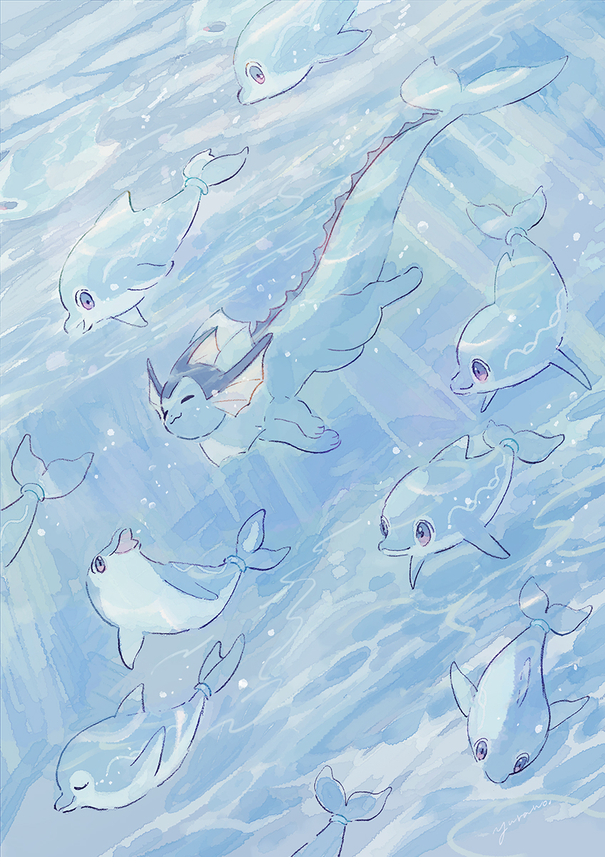 :3 air_bubble animal_focus bubble closed_eyes closed_mouth commentary_request dolphin finizen full_body gen_1_pokemon highres nintendo no_humans open_mouth pokemon pokemon_(creature) pokemon_focus purple_eyes smile swimming underwater vaporeon yurano_(upao)