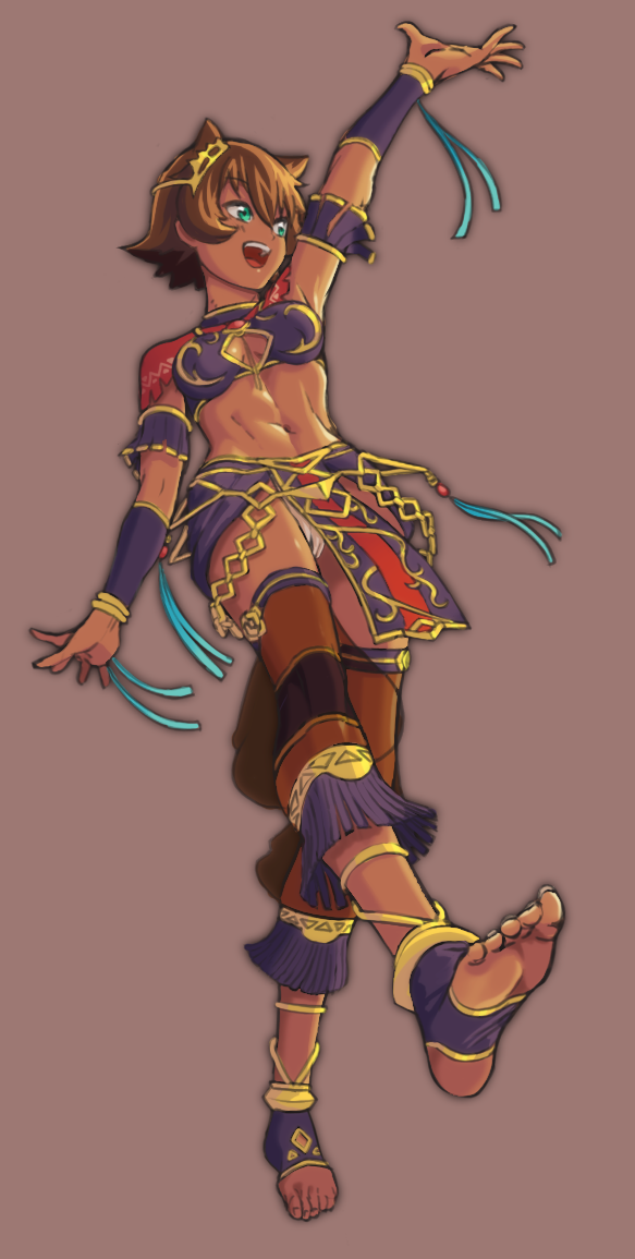 1girl barefoot blue_eyes bracelet brown_hair dark_skin dark-skinned_female feet female_focus full_body gold hitomaruniigo jewelry midriff navel open_mouth original short_hair solo toes