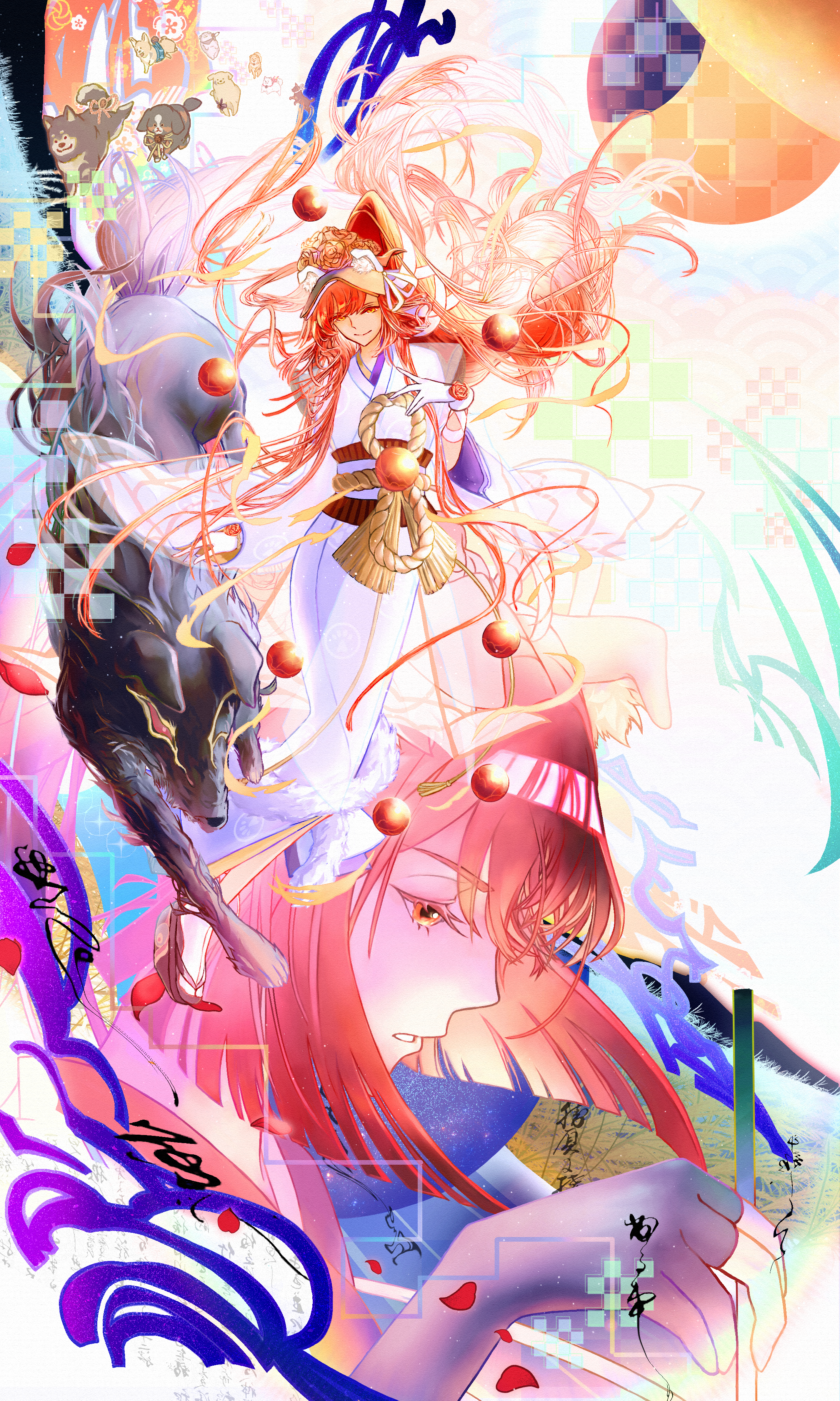 1girl absurdres animal animal_ears bernese_mountain_dog dog dog_ears fate/grand_order fate_(series) flower german_shepherd gloves golden_retriever hair_ornament highres holding husky japanese_clothes kimono kyokutei_bakin_(fate) kyokutei_bakin_(third_ascension)_(fate) long_hair long_sleeves mikotoba-kaede multicolored_kimono multiple_dogs orange_flower orange_hair orange_rose oversized_animal red_eyes rope rose samoyed_(dog) shimenawa smile very_long_hair welsh_corgi white_gloves white_kimono wide_sleeves