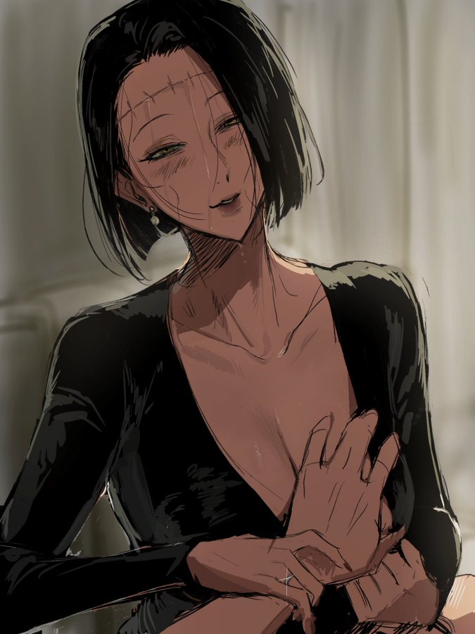 1girl black_hair bob_cut breasts cleavage disembodied_hand earrings fallsoki grabbing_another&#039;s_breast groping guided_breast_grab guiding_hand holding_another&#039;s_wrist itadori_kaori jewelry jujutsu_kaisen kenjaku possessed possession ring stitches wedding_ring yellow_eyes