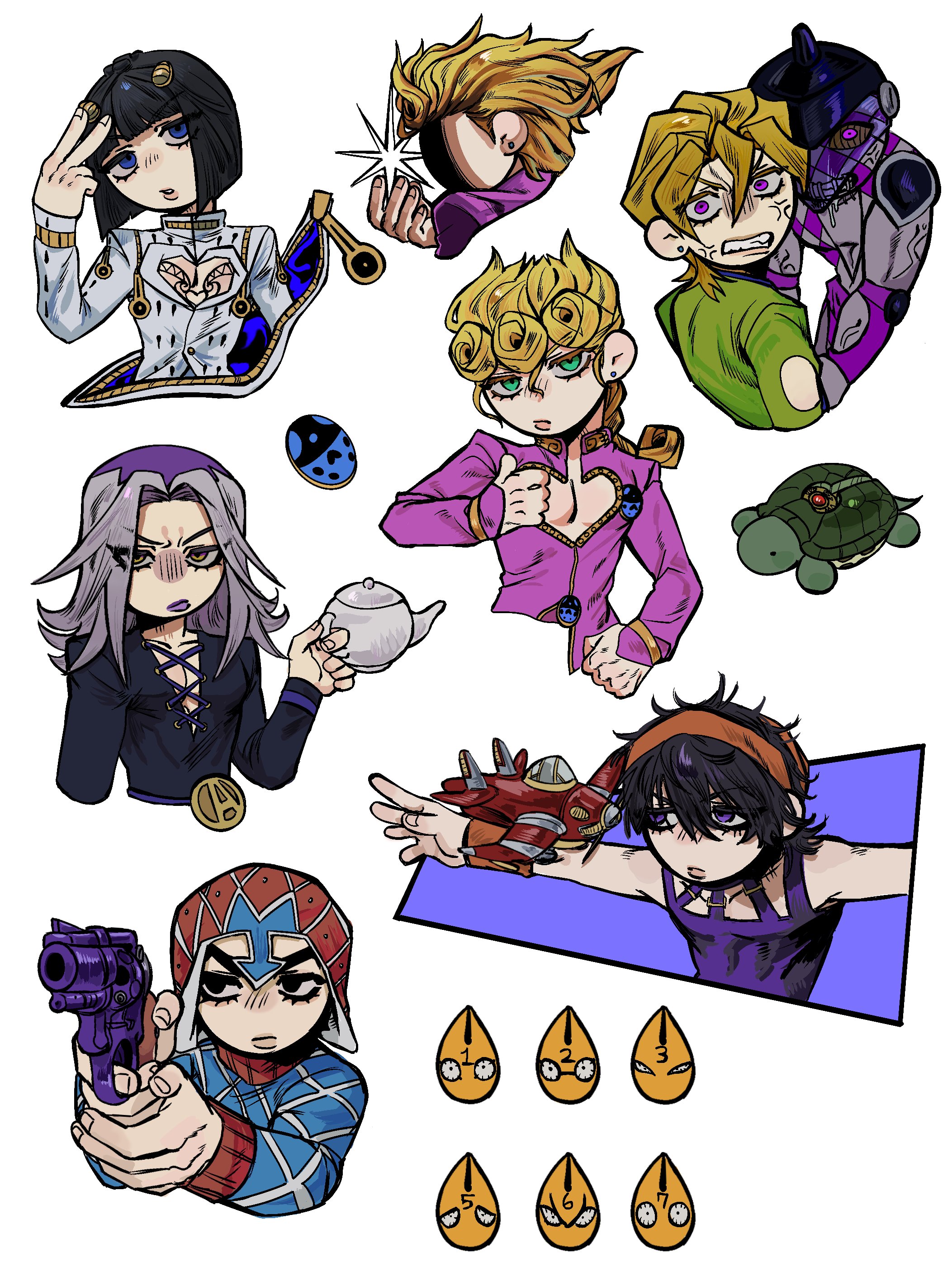 6+boys 6+others absurdres aerosmith_(stand) argyle_clothes argyle_sweater black_eyes black_hair black_helmet black_lips black_shirt blonde_hair blue_eyes blue_sweater bob_cut braid bruno_bucciarati bug chibi cleavage_cutout clenched_teeth clothing_cutout coco_jumbo cropped_torso dio_brando's_pose_(jojo) earrings face_in_shadow finger_on_trigger giorno_giovanna giorno_giovanna's_pose_(jojo) green_eyes green_shirt grey_hair guido_mista gun hair_ornament hairband hairclip handgun hat helmet highres holding holding_gun holding_teapot holding_weapon jacket jewelry jojo_no_kimyou_na_bouken jojo_pose ladybug_ornament long_hair long_sleeves luen24755844 male_focus multiple_boys multiple_others narancia_ghirga orange_hairband pannacotta_fugo pink_jacket purple_eyes purple_hair purple_haze_(stand) red_hat revolver salute sex_pistols_(stand) shirt short_hair stand_(jojo) sweater teapot teeth turtle turtleneck turtleneck_sweater two-finger_salute upper_body vento_aureo weapon white_background zipper