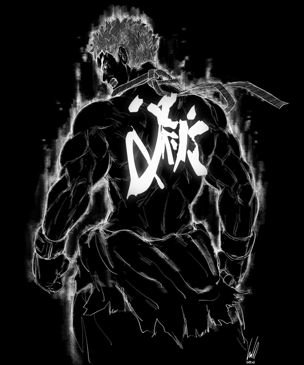 1boy aura biceps clenched_hands clenched_teeth commentary dougi english_commentary from_behind ginseng_(xin) glowing greyscale highres inverted_colors kagenarumono kanji_focus long_hair looking_at_viewer looking_back male_focus monochrome muscular muscular_male ryu_(street_fighter) sharp_teeth solo street_fighter street_fighter_6 teeth topless_male torn_clothes v-shaped_eyebrows very_long_hair