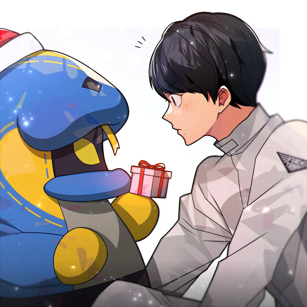 1boy 1girl armor blue_eyes christmas commentary fenix_uniform from_side gift gloves hat hito01 jacket kadota_hiromi kamen_rider kamen_rider_revice lovekov santa_hat spider_genome surprised symbol-only_commentary upper_body vest vistamp white_background white_gloves white_jacket yellow_eyes yellow_gloves