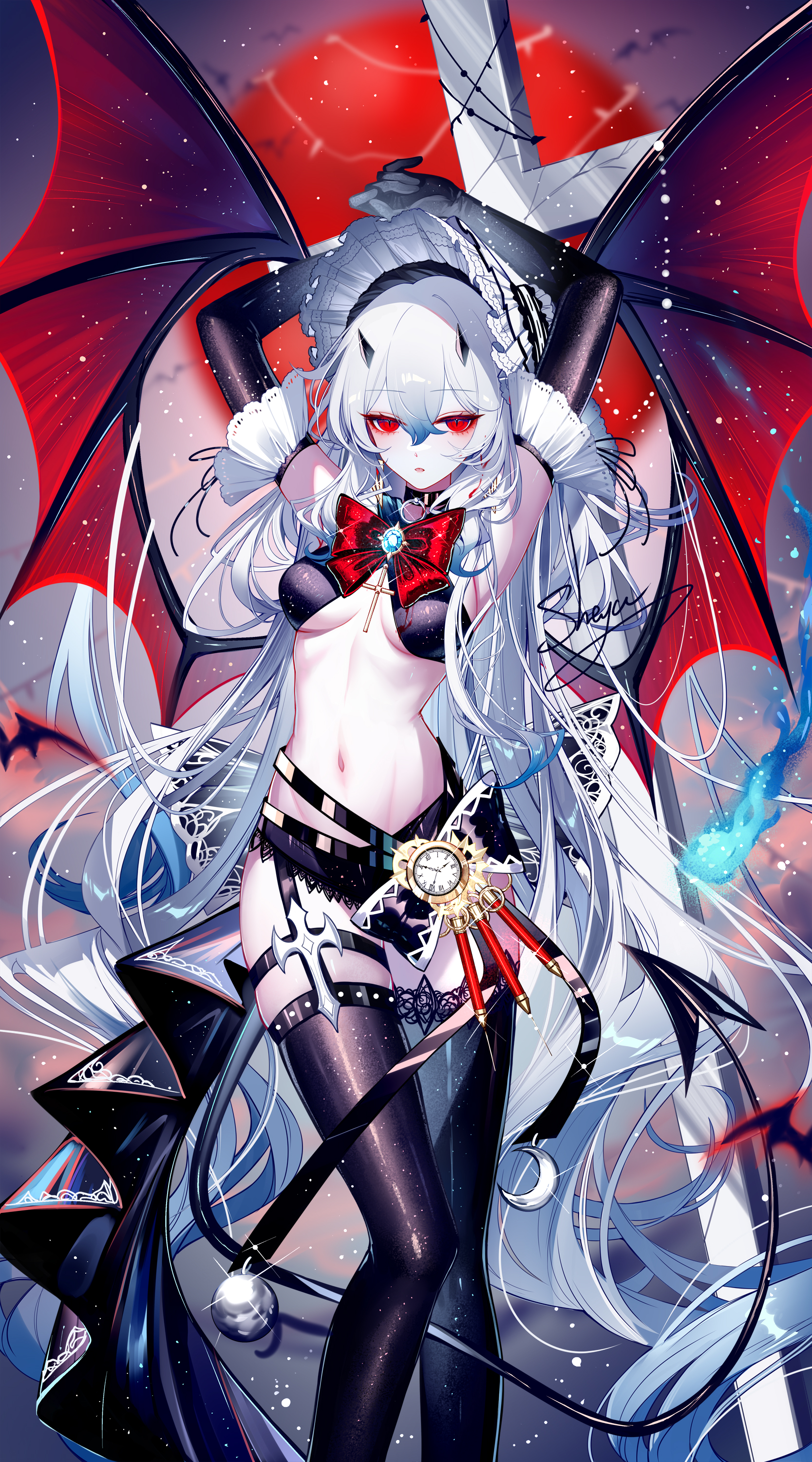 1girl absurdres armpits arms_up artist_name black_choker black_thighhighs bonnet bow bowtie breasts brooch choker feet_out_of_frame highres horns jewelry long_hair medium_breasts navel original red_bow red_bowtie red_eyes sheya signature solo stomach thighhighs thighs very_long_hair white_hair