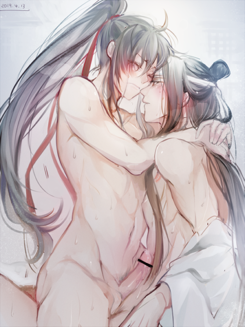 2boys ahoge anal bar_censor bishounen black_hair blush censored erection hair_ribbon headband high_ponytail lan_wangji long_hair looking_at_another male_focus male_pubic_hair modao_zushi multiple_boys navel nipples nude penis ponytail pubic_hair rakkyhappy red_ribbon ribbon sex straddling sweat sweatdrop topknot very_long_hair wei_wuxian white_headband yaoi