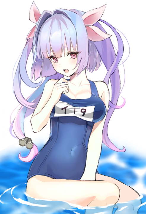 1girl blue_hair blue_one-piece_swimsuit breasts commentary hair_ribbon i-19_(kancolle) kantai_collection long_hair looking_at_viewer medium_breasts multicolored_hair neju one-piece_swimsuit open_mouth partially_submerged pink_eyes pink_ribbon purple_hair ribbon school_swimsuit simple_background sitting solo swimsuit tri_tails water white_background