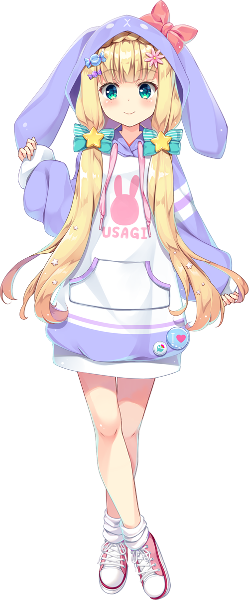 1girl animal_ears animal_hood animal_print blonde_hair blue_bow blunt_bangs blush bow candy_hair_ornament candy_wrapper clothes_writing drawstring fake_animal_ears flower food-themed_hair_ornament full_body green_eyes hair_bow hair_flower hair_ornament highres hood hood_up hoodie long_hair long_sleeves looking_at_viewer low_twintails moeki_yuuta mononobe_alice mononobe_alice_(9th_costume) nijisanji official_art parted_lips pink_flower pink_shoes print_hoodie purple_hoodie rabbit_ears rabbit_hood red_bow shoes sleeves_past_wrists smile sneakers socks solo standing star_(symbol) star_hair_ornament striped_bow tachi-e transparent_background twintails very_long_hair virtual_youtuber white_socks wide_sleeves