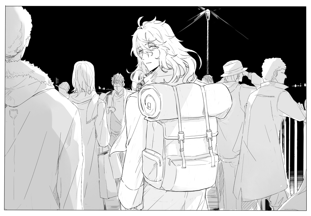 1boy 6+others adjusting_scarf ahoge backpack bag border breath coat fate/grand_order fate_(series) fence greyscale hair_between_eyes hand_up lamppost long_hair long_sleeves looking_at_viewer looking_back male_focus monochrome multiple_others night official_alternate_costume official_alternate_hairstyle parted_lips people romani_archaman ruoyin scarf solo_focus