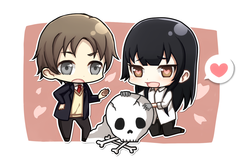 10s 1boy 1girl bad_id bad_pixiv_id black_hair blazer bone brown_hair chibi dress_shirt grey_eyes hand_on_own_hip heart heart-shaped_pupils jacket kujou_sakurako_(sakurako) long_hair minato_(petal117) necktie sakurako-san_no_ashimoto_ni_wa_shitai_ga_umatteiru school_uniform shirt skull spoken_heart symbol-shaped_pupils tatewaki_shoutarou