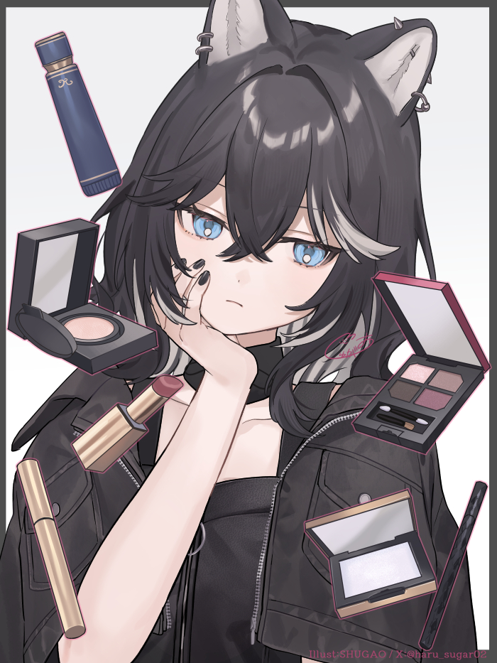1girl animal_ears black_dress black_hair black_jacket black_nails blue_eyes closed_mouth commentary compact_(cosmetics) cosmetics crossed_bangs detached_collar dog_ears dog_girl dress ear_piercing english_commentary hair_between_eyes hand_on_own_face head_rest jacket kmnz lipstick_tube mascara_wand medium_hair multicolored_hair nero_(kmnz) piercing shugao simple_background solo streaked_hair twitter_username upper_body virtual_youtuber white_background