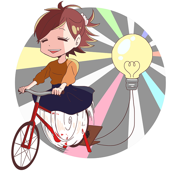 1girl bicycle commentary female_focus higuchi_(trigger) light_bulb smile solo trigger_(company)