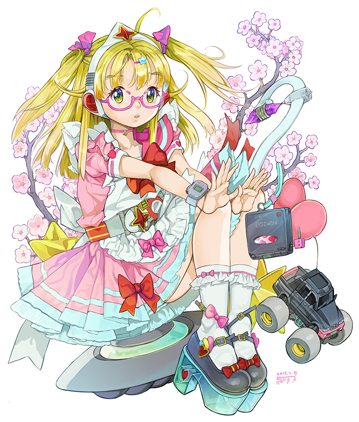 1girl black_shoes bow cd_player cd_walkman cherry_blossoms choker crystal dated dress dress_bow full_body glasses hair_bow hamos2 headphones knees_up magical_girl original pink_choker pink_dress platform_shoes red_bow semi-rimless_eyewear shoes short_sleeves sitting socks toy_car two_side_up ufo watch white_socks wristwatch