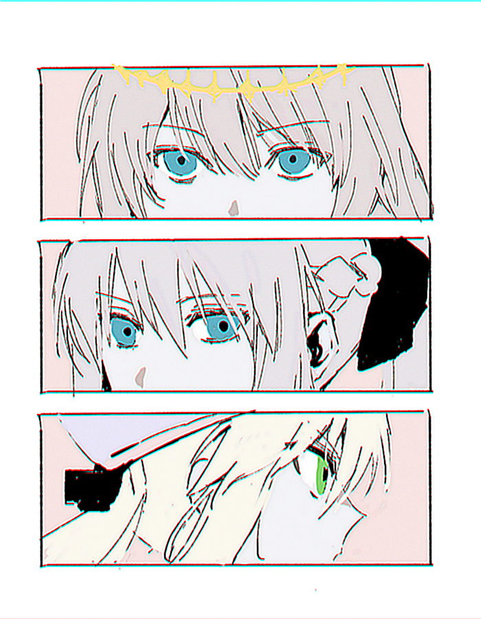 1boy 2girls artoria_caster_(fate) artoria_caster_(second_ascension)_(fate) artoria_pendragon_(fate) black_bow blue_eyes bow fate/grand_order fate_(series) green_eyes hair_between_eyes hair_bow hat looking_at_viewer morgan_le_fay_(fate) multiple_girls oberon_(fate) ss_un17