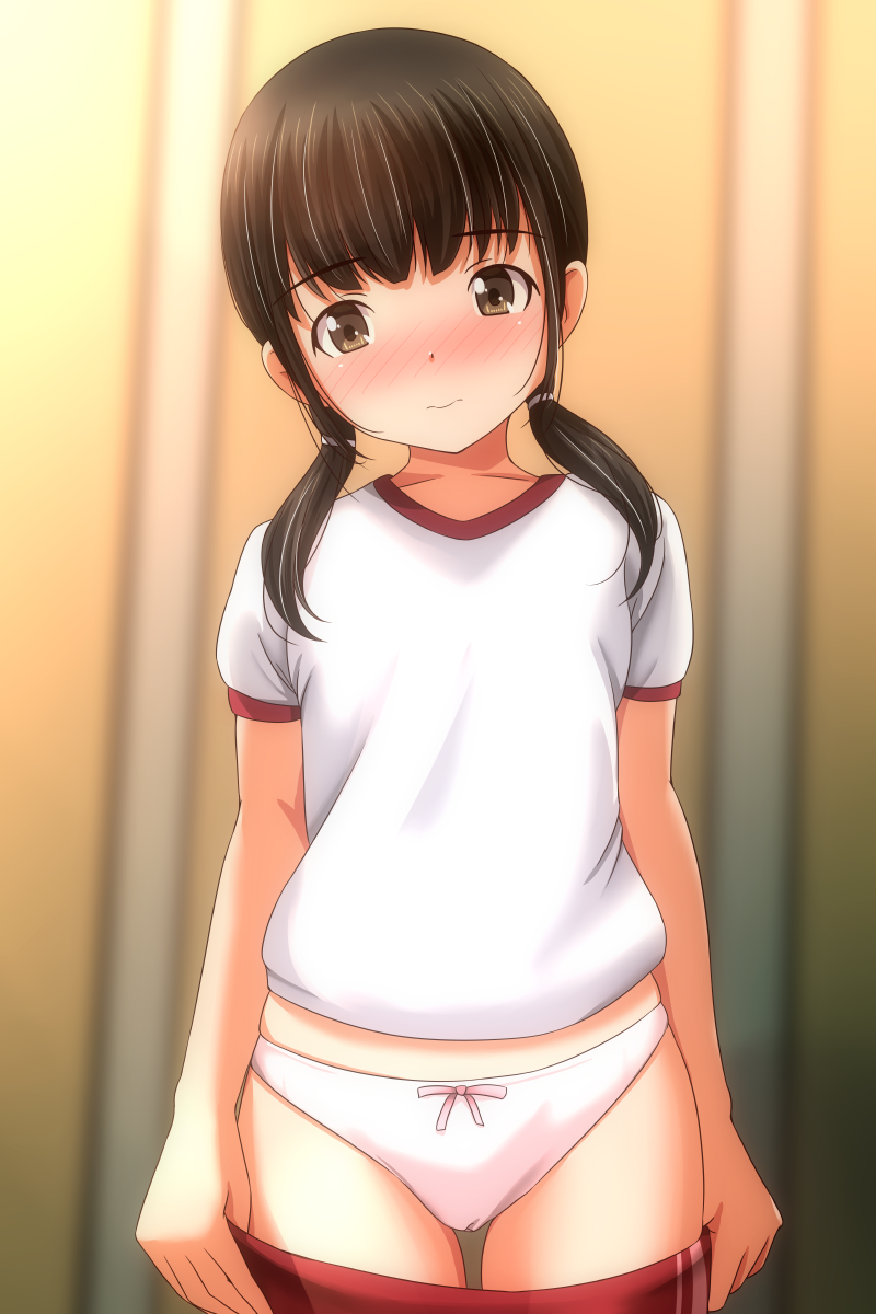 1girl black_hair blush bow bow_panties brown_eyes buruma buruma_pull clothes_pull collarbone embarrassed gym_uniform highres long_hair looking_at_viewer low_twintails matsunaga_kouyou original panties pink_bow pink_panties red_buruma shirt short_sleeves standing twintails underwear white_shirt