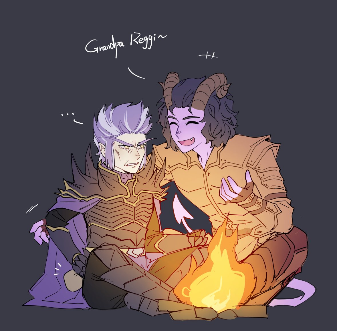 2boys :d ^_^ armor black_background black_gloves black_hair breastplate campfire cape closed_eyes colored_skin demon_boy demon_horns demon_tail fang fingerless_gloves frown full_body gauntlets gloves greaves hand_up horns long_eyebrows long_sleeves maiucal male_focus multiple_boys open_mouth pathfinder pauldrons pouch purple_cape purple_hair purple_skin regill_(pathfinder) short_hair shoulder_armor sitting smile tail v-shaped_eyebrows woljif_(pathfinder) yellow_eyes