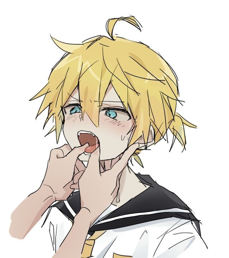 1boy ahoge black_sailor_collar blonde_hair blue_eyes blush disembodied_hand downscaled embarrassed hand_in_another&#039;s_mouth kagamine_len necktie open_mouth ponytail qls resized sailor_collar saliva saliva_trail scowl second-party_source shirt short_hair short_ponytail sweatdrop tongue vocaloid white_shirt yellow_necktie