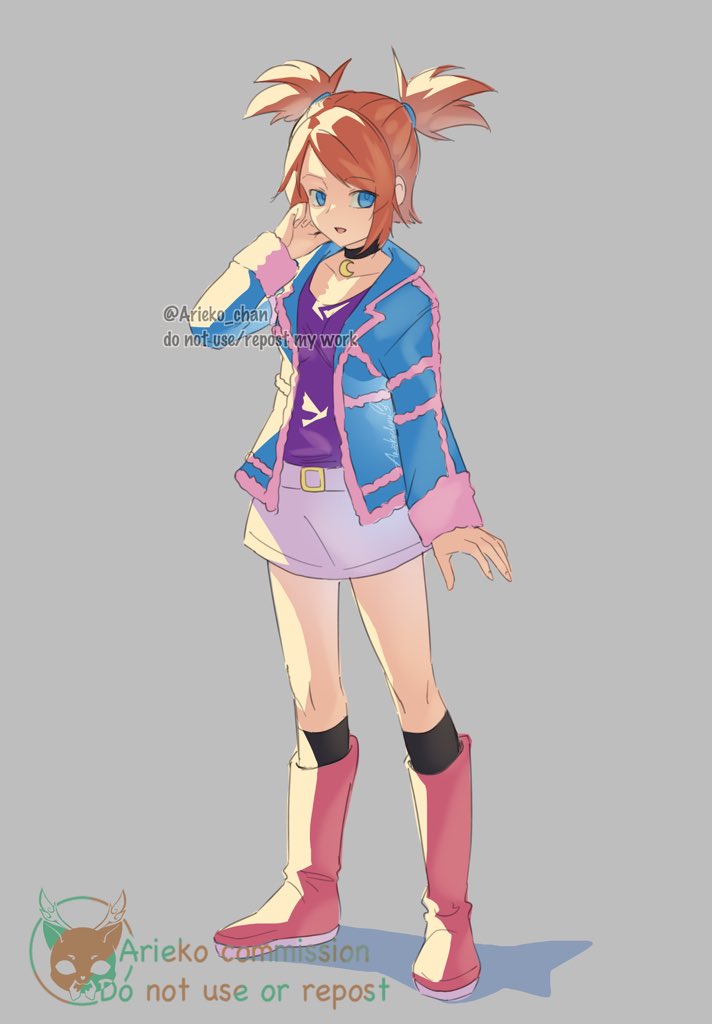 1girl ariekochan artist_logo blue_eyes blue_jacket boots brown_hair collarbone crescent english_text full_body grey_background jacket logo medium_hair nintendo pink_boots pokemon pokemon_colosseum purple_shirt rui_(pokemon) shirt shorts solo twintails white_shorts
