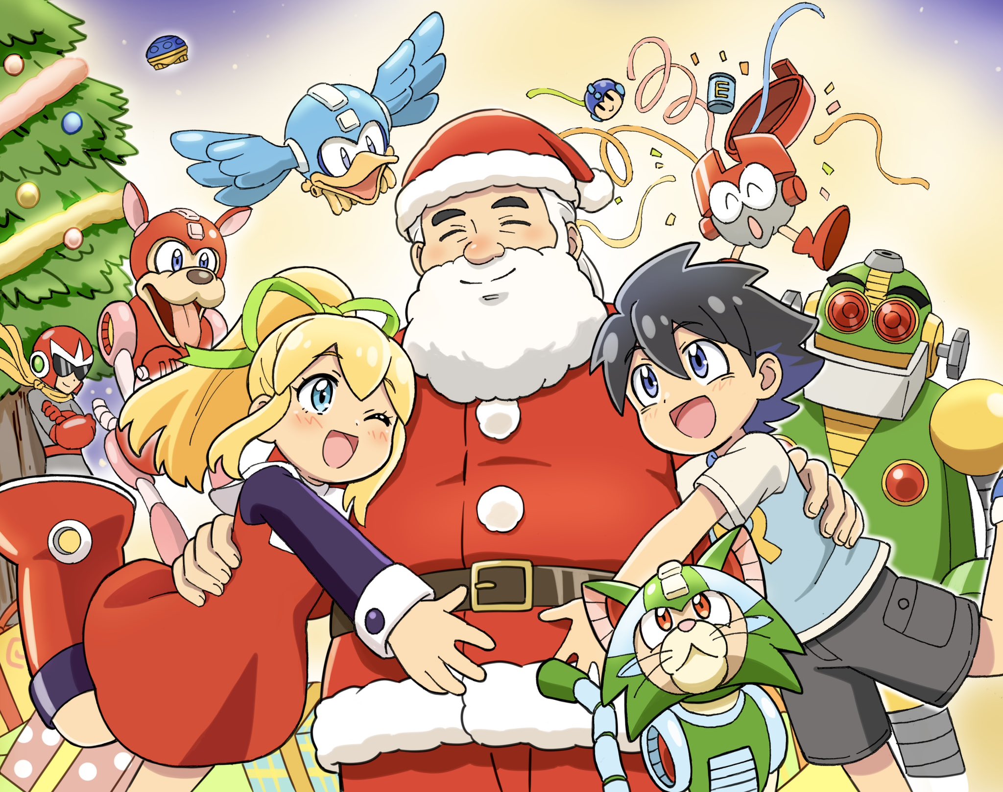 1girl 4boys auto_(mega_man) beard beat_(mega_man) black_hair blonde_hair bodysuit christmas christmas_tree closed_eyes crossed_arms dr._light_(mega_man) dress eddie_(mega_man) facial_hair grey_bodysuit grey_hair group_picture hat helmet high_ponytail highres komagoma long_hair mega_man_(character) mega_man_(classic) mega_man_(series) multiple_boys non-humanoid_robot ponytail red_dress red_helmet robot robot_animal robot_bird robot_cat robot_dog roll_(mega_man) rush_(mega_man) santa_costume santa_hat short_hair tango_(mega_man)